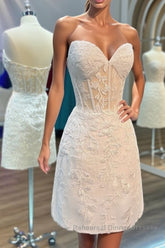 Strapless Short White Lace Semi Formal Prom Dresses, Short White Lace Formal Homecoming Dresses